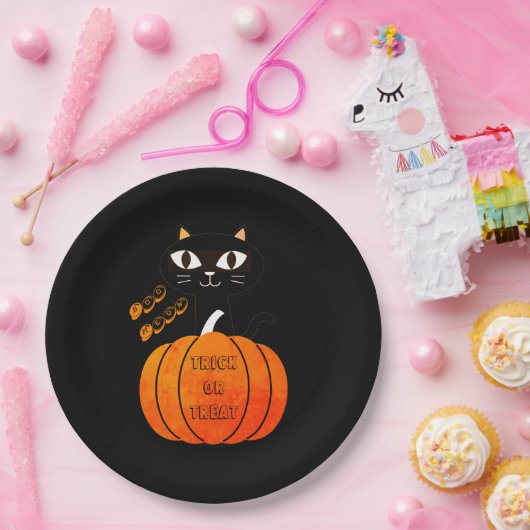 Zwart Sinaasappel Pompoen Kat Spooky Schattige Boo Papieren Bordje (Feest)