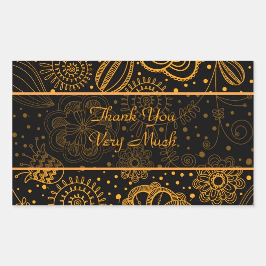 Zwart & Sinaasappel Retro Bloemen Patroon-Aangepas Rechthoekige Sticker (Voorkant)