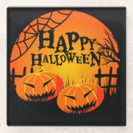 ZWART & SINAASAPPEL SPOOKY HAPPY HALLOWEEN POMPOEN GLAZEN ONDERZETTER