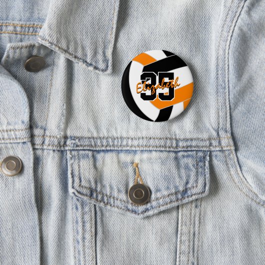 Zwart sinaasappel volleybal team kleuren ronde button 5,7 cm (In situ)