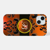 ZWART SINAASDAMAST MONOGRAM edelsteen iPhone 15 Case (Achterkant horizontaal)