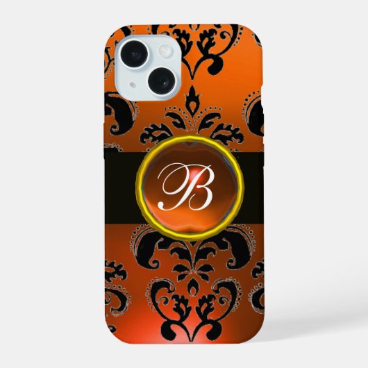 ZWART SINAASDAMAST MONOGRAM edelsteen iPhone 15 Case (Achterkant)