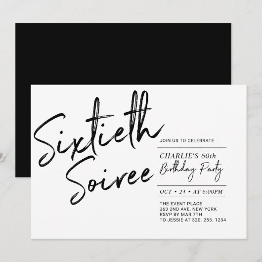 Zwart | Sixty Soiree Modern 60ste verjaardagsfeest Kaart (Voorkant / Achterkant)