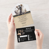 Zwart skelet bruid bruidegom gothic bruiloft all in one uitnodiging (Afscheurbaar)