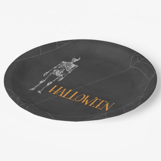 Zwart Skelet Spiderweb Halloween Party Papieren Bordje (Gekanteld)