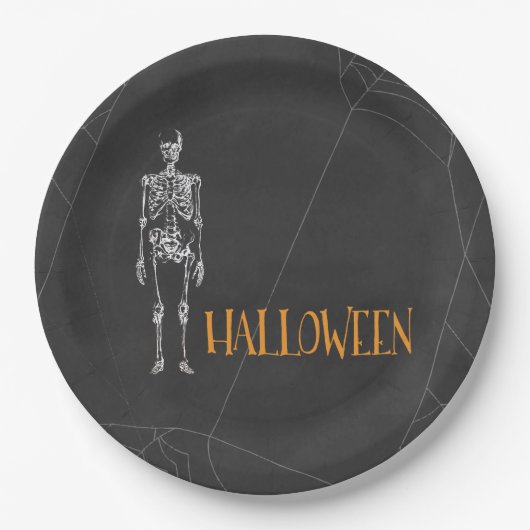 Zwart Skelet Spiderweb Halloween Party Papieren Bordje (Voorkant)