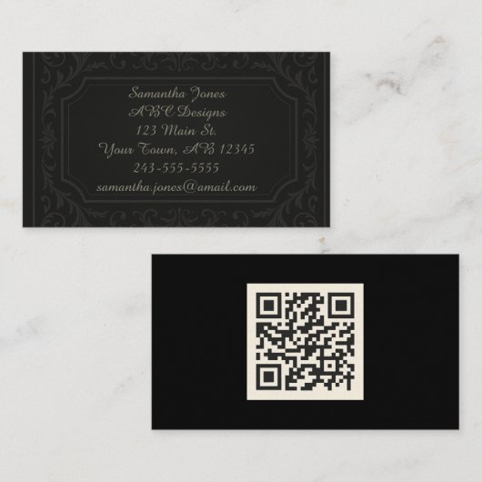Zwart Slank Geraffineerd QR Code Visitekaartje (Voorkant / Achterkant)