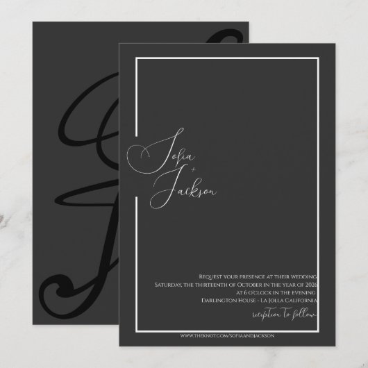 Zwart Slanke Elegante Moderne Huwelijksuitnodiging Kaart (Voorkant / Achterkant)