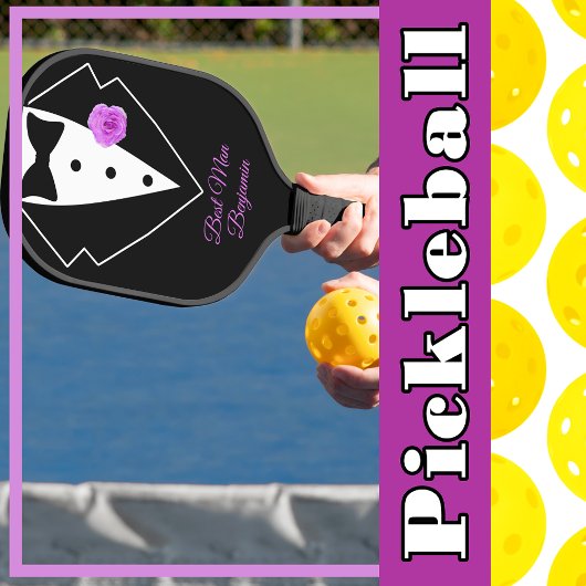 Zwart smoking met lavendelbloem gepersonaliseerd pickleball paddle
