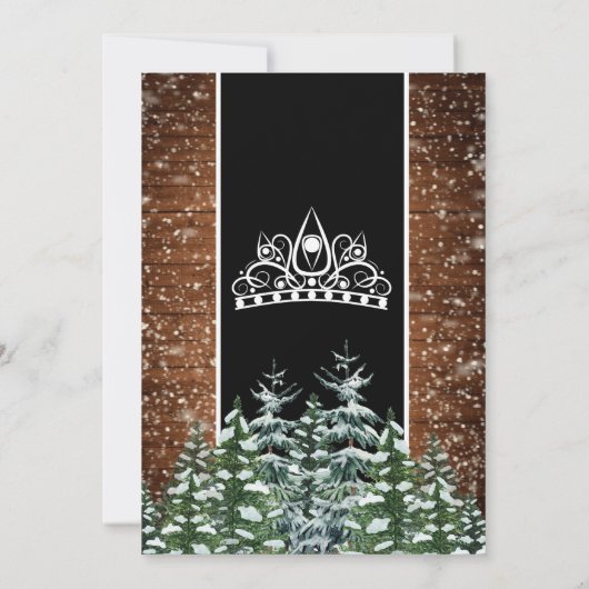 Zwart Sneeuwbos & Houtdennen Tiara Quinceañera Kaart (Achterkant)