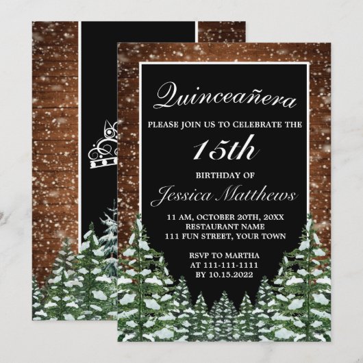 Zwart Sneeuwbos & Houtdennen Tiara Quinceañera Kaart (Voorkant / Achterkant)