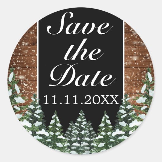 Zwart Sneeuwhout & Bos Save the Date Bruiloft Ronde Sticker (Voorkant)