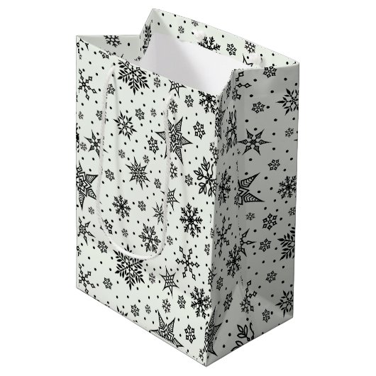 Zwart Sneeuwvlokken Kerst Patroon Medium Gift Bag Medium Cadeauzakje (Voorkant Gekanteld)