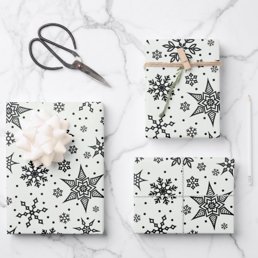 Zwart Sneeuwvlokken Kerstmis Patronen Wrapping Pap Inpakpapier Vel (Voorkant)