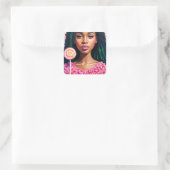 Zwart Snoep Meisje Lollipop Beauty Vierkante Sticker (Tas)