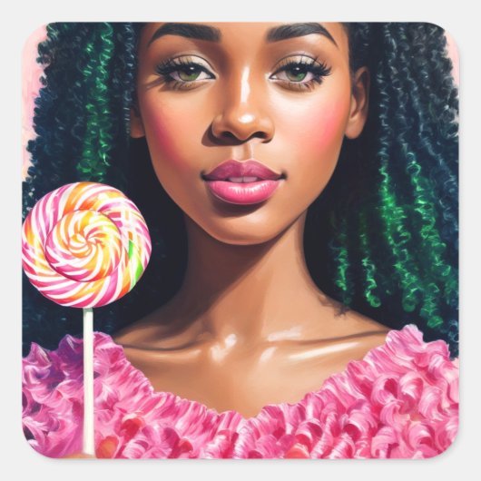 Zwart Snoep Meisje Lollipop Beauty Vierkante Sticker (Voorkant)