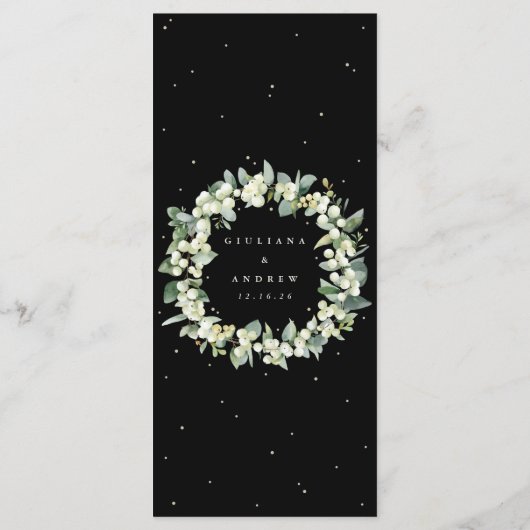 Zwart Snowberry+Eucalyptus 4 gangen Bruiloft Flat Menu (Achterkant)