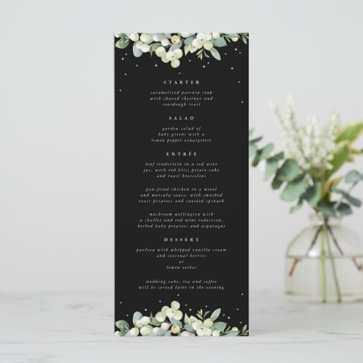 Zwart Snowberry+Eucalyptus 4 gangen Bruiloft Flat Menu (Staand voorkant)