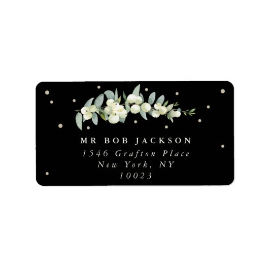 Zwart Snowberry+Eucalyptus Adreslabel Etiket (Voorkant)