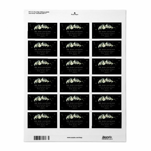 Zwart Snowberry+Eucalyptus Adreslabel Etiket (Full Sheet)