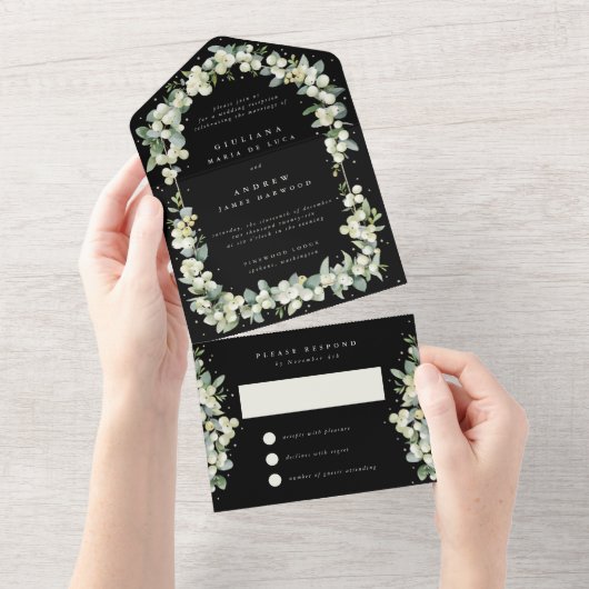 Zwart Snowberry + Eucalyptus bruiloft alleen recep All In One Uitnodiging (Afscheurbaar)