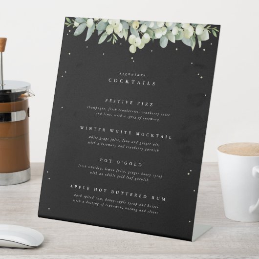 Zwart Snowberry+Eucalyptus Bruiloft Drinken Menu Reclamebord Met Voetstuk (Insitu)