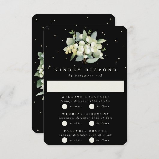 Zwart Snowberry+Eucalyptus Bruiloft Multi-Event RSVP Kaartje (Voorkant / Achterkant)