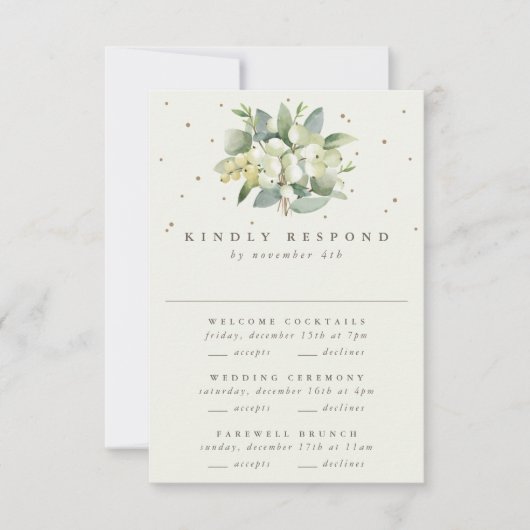 Zwart Snowberry+Eucalyptus Bruiloft Multi-Event RSVP Kaartje (Voorkant)