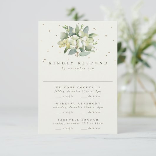 Zwart Snowberry+Eucalyptus Bruiloft Multi-Event RSVP Kaartje (Staand voorkant)