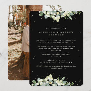 Zwart Snowberry+Eucalyptus Bruiloft Receptie Foto Kaart