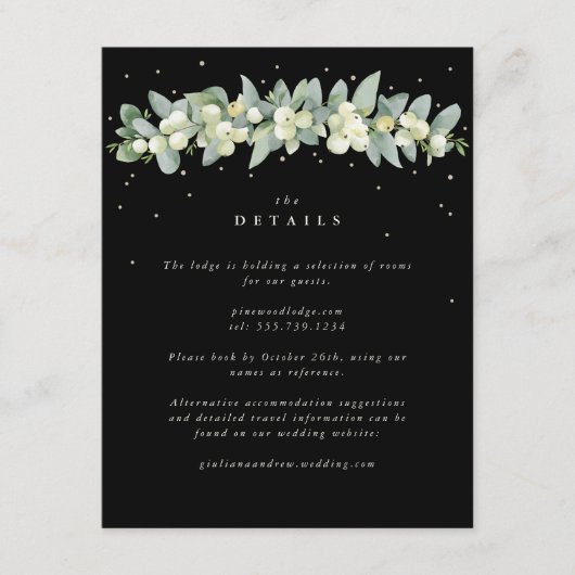 Zwart Snowberry+Eucalyptus Garland Bruiloft Detail Informatiekaartje (Voorkant)