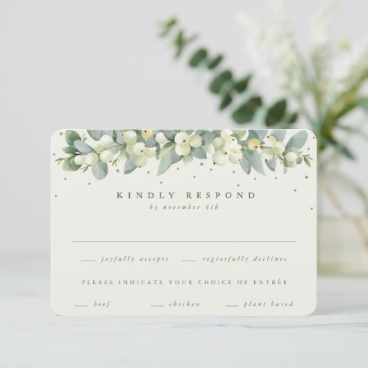 Zwart Snowberry + Eucalyptus Garland bruiloft RSVP Kaartje (Staand voorkant)
