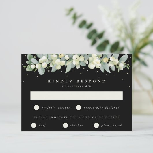 Zwart Snowberry + Eucalyptus Garland bruiloft RSVP Kaartje (Staand voorkant)