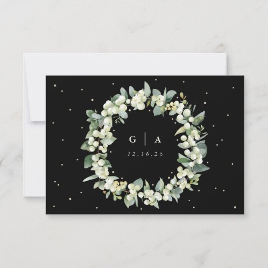 Zwart Snowberry + Eucalyptus Garland bruiloft RSVP Kaartje (Achterkant)