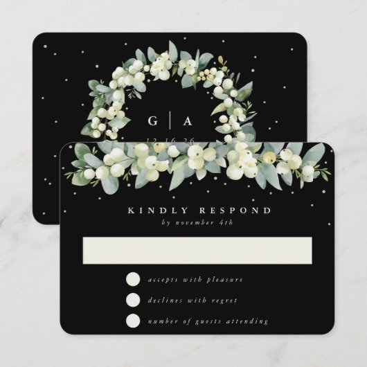 Zwart Snowberry + Eucalyptus Garland bruiloft RSVP Kaartje (Voorkant / Achterkant)