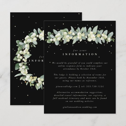 Zwart Snowberry+Eucalyptus Garland Huwelijksinfo Informatiekaartje (Voorkant / Achterkant)