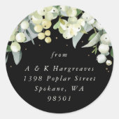 Zwart Snowberry+Eucalyptus Kerstadres Ronde Sticker (Voorkant)