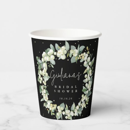 Zwart Snowberry+Eucalyptus krans Vrijgezellenfeest Papieren Bekers (Achterkant)