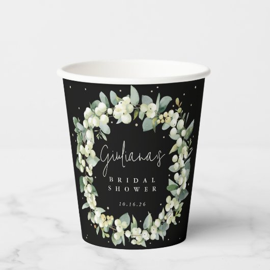 Zwart Snowberry+Eucalyptus krans Vrijgezellenfeest Papieren Bekers (Voorkant)