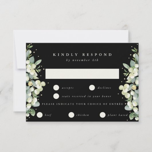 Zwart Snowberry+Eucalyptus Rand Bruiloft RSVP Kaartje (Voorkant)