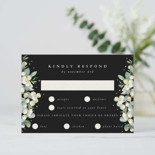 Zwart Snowberry+Eucalyptus Rand Bruiloft RSVP Kaartje (Staand voorkant)