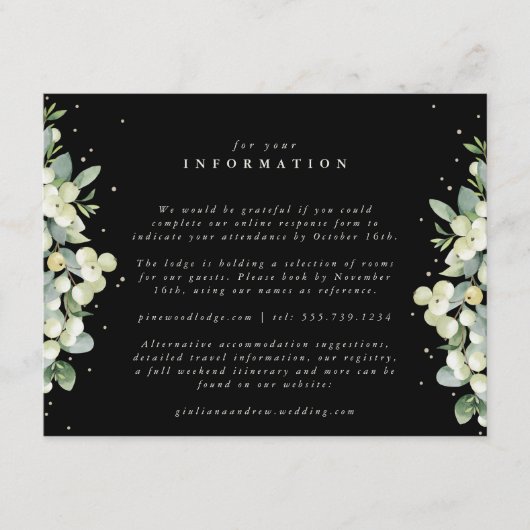 Zwart Snowberry+Eucalyptus Rand Huwelijksinfo Informatiekaartje (Voorkant)