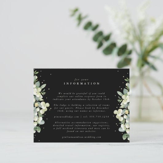Zwart Snowberry+Eucalyptus Rand Huwelijksinfo Informatiekaartje (Staand voorkant)