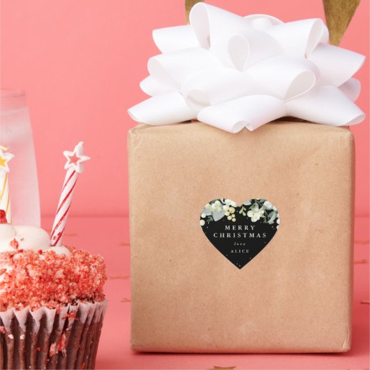 Zwart Snowberry+Eucalyptus Vrolijk Kerstfeest/Aang Hart Sticker (Feest)