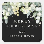 Zwart Snowberry+Eucalyptus Vrolijk Kerstfeest/Aang Vierkante Sticker (Voorkant)