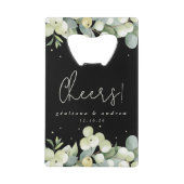Zwart Snowberry+Eucalyptus Winter Bruiloft Mini Creditkaart Flessenopener (Voorkant)