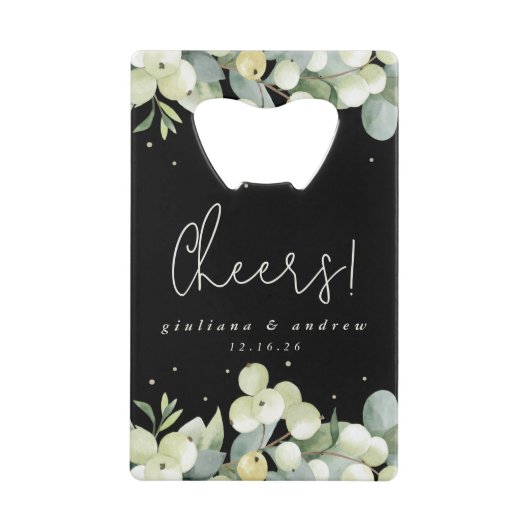 Zwart Snowberry+Eucalyptus Winter Bruiloft Mini Creditkaart Flessenopener (Voorkant)