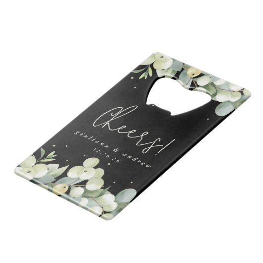 Zwart Snowberry+Eucalyptus Winter Bruiloft Mini Creditkaart Flessenopener (Voorkant Gekanteld)