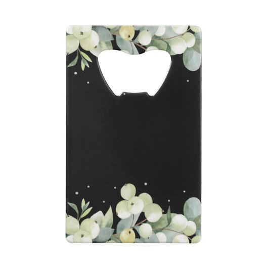 Zwart Snowberry+Eucalyptus Winter Bruiloft Mini Creditkaart Flessenopener (Achterkant)