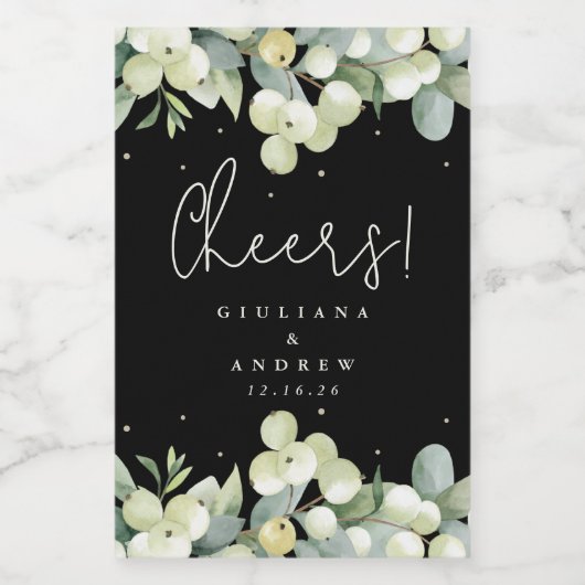 Zwart Snowberry+Eucalyptus Winter Bruiloft Mini Wijn Etiket (Enkel label)